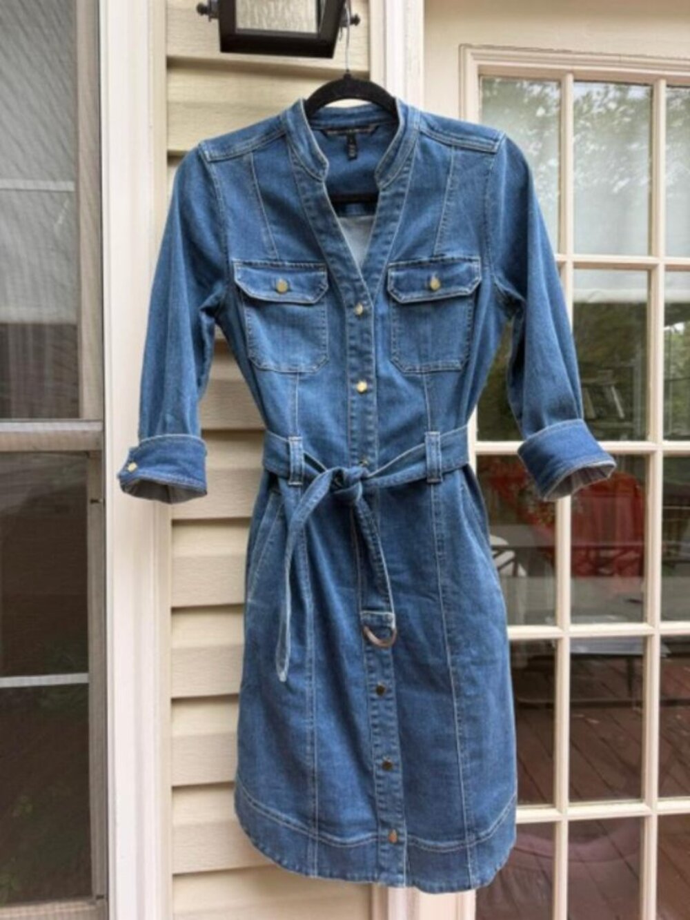 WHITE HOUSE BLACK MARKET (WHBM) Denim Belted Button Shirt Stretch Dress, Size 6 - Picture 6 of 7